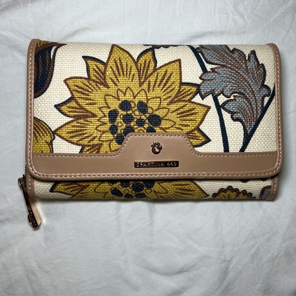 Spartina 449 Natural Linen Genuine Leather Clutch Floral Print Gold Hardware - Picture 1 of 9